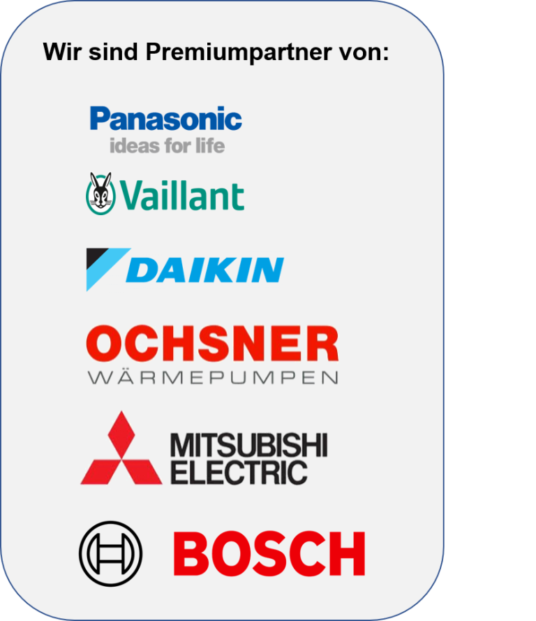 Logos von Premiumpartnern: Panasonic, Vaillant, Daikin, Öchsner, Mitsubishi Electric, Bosch.